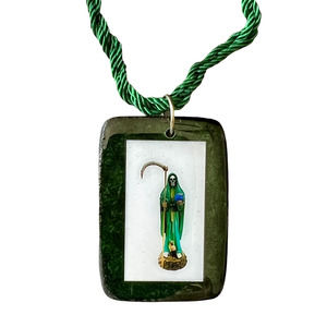 Santa Muerte Scapular Necklace Green Knotted Rope Wood Charm Santisima NEW
